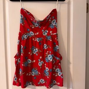 Red Floral Strapless Dress/ shirt with Blue & White Blooms